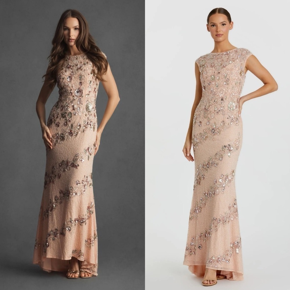 MAC DUGGAL Pink Embellished Bateau Neck Cap Sleeve Floral Beaded Trumpet Gown 2